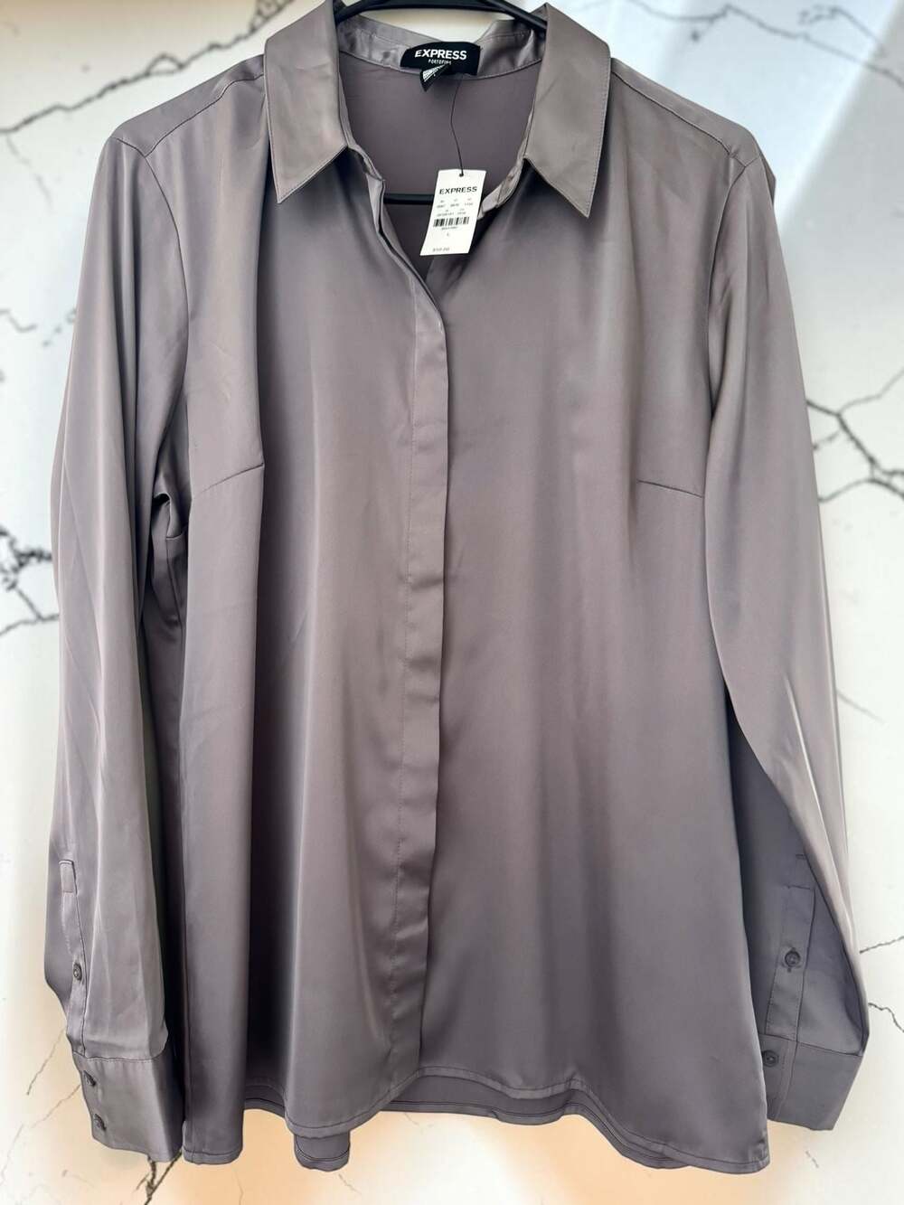 EXPRESS Portofino Silky Long Sleeve Button Up Shirt Gray Size L New With Tags